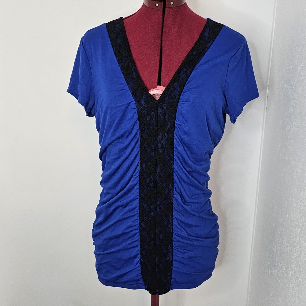 Maurices Women's L Royal Blue Ruched Top Black Lace Trim Short Sleeve